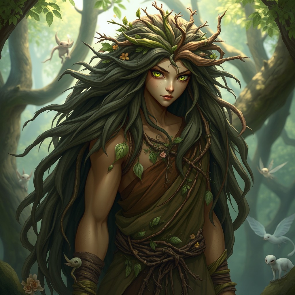 A fantasy character with a unique and wild appearance, completely covered in long, flowing hair that seems to merge with nature around them
