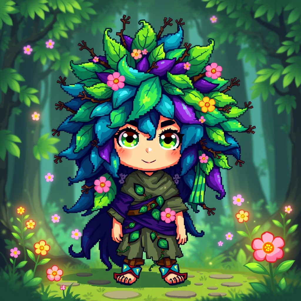A pixel art fantasy character entirely covered in vibrant, colorful hair that resembles a wild mane