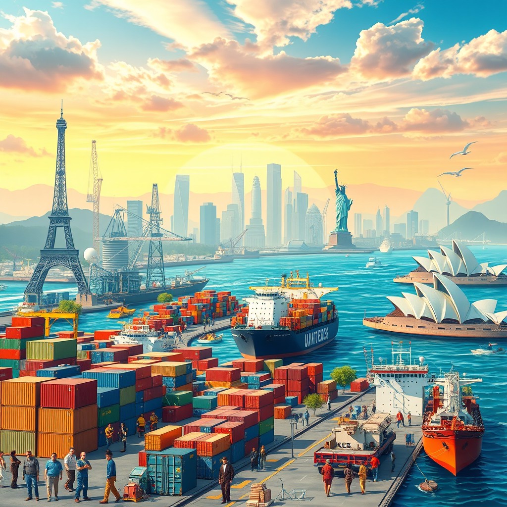An artistic representation of international trade, showcasing various elements such as shipping containers, cargo ships, and vibrant port scenes