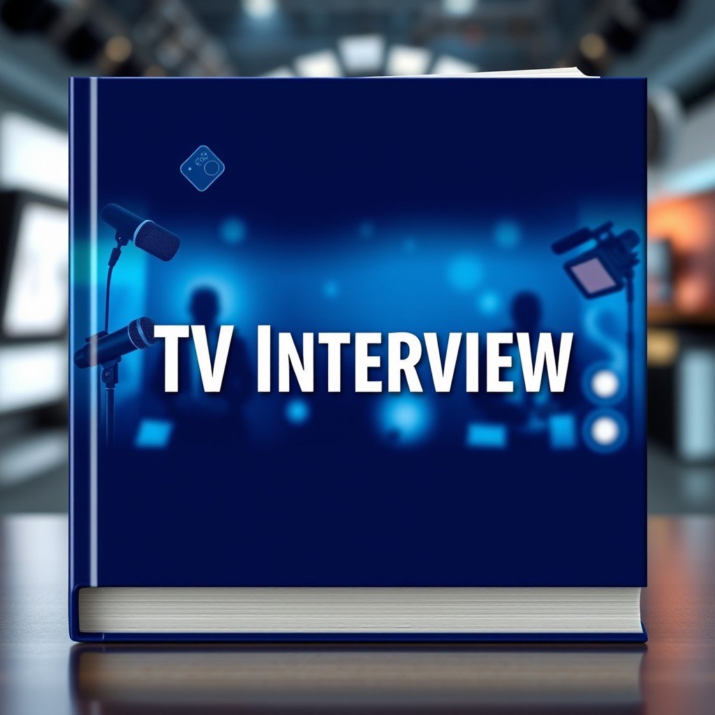A visually striking book cover for the title 'TV Interview', featuring a deep blue color palette with various broadcasting elements like a microphone, studio lights, and camera equipment subtly integrated into the design