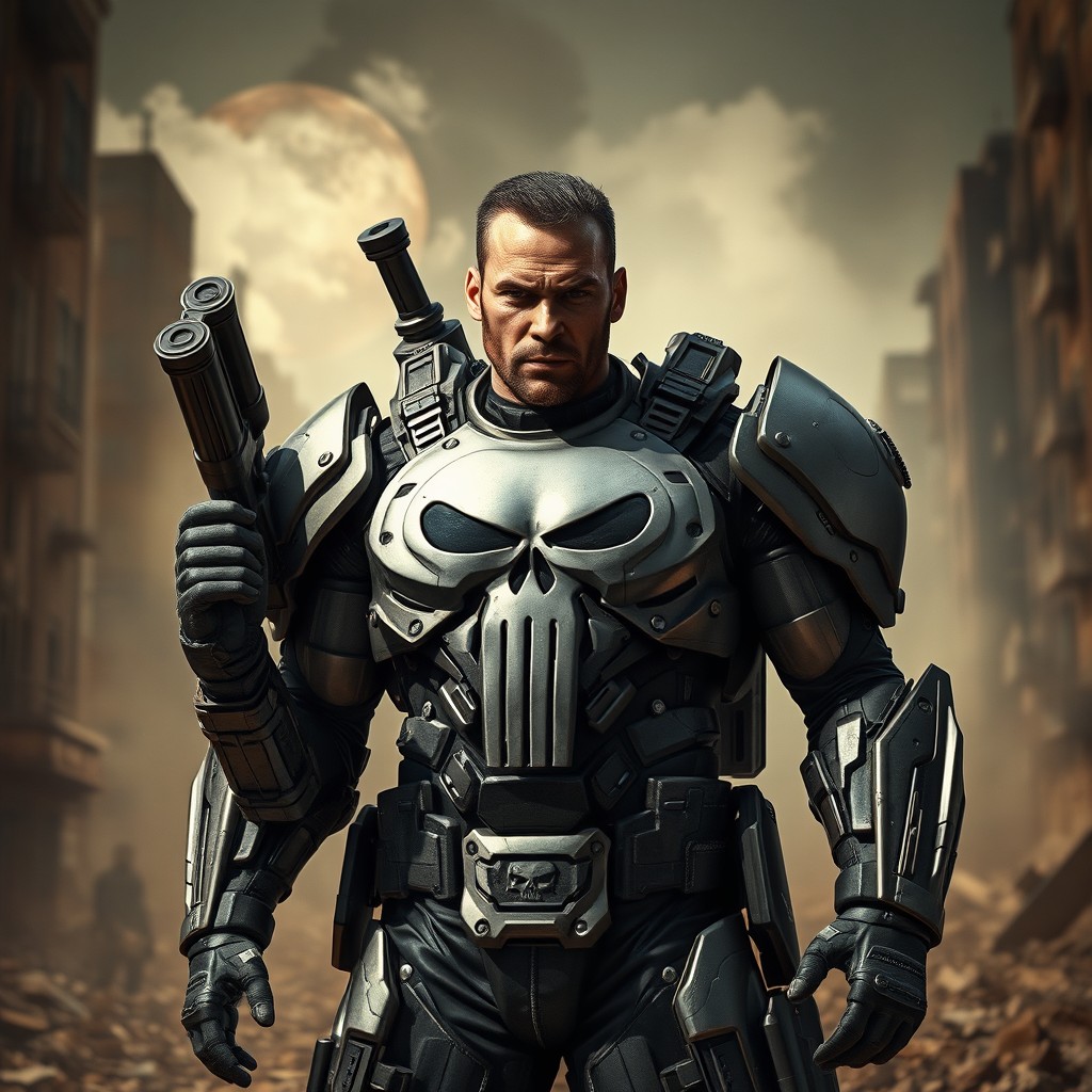 An intense and dynamic portrayal of the Punisher in a high-tech War Machine suit