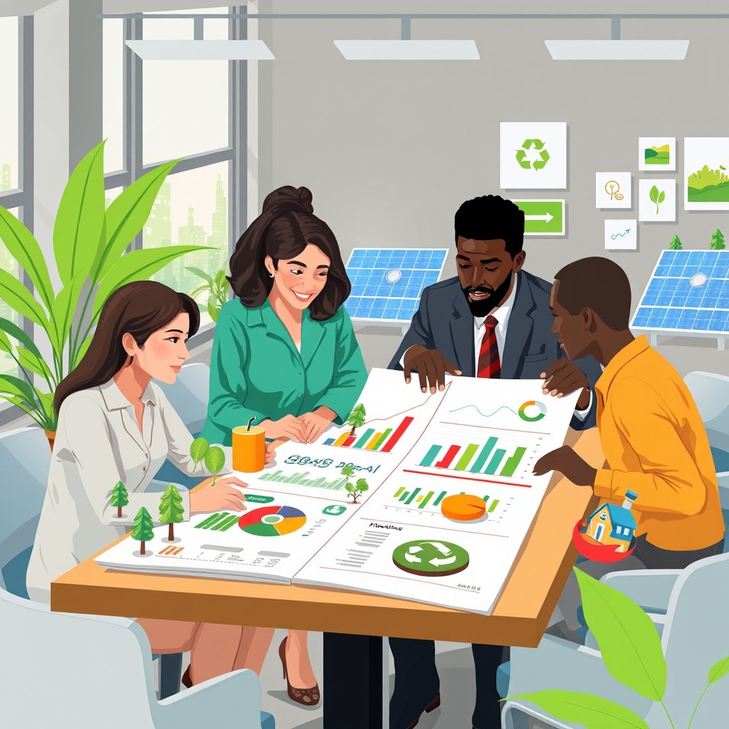 A visually captivating illustration of sustainability accounting, featuring a balance sheet that integrates both financial and environmental metrics