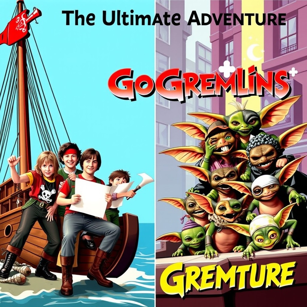 A retro movie poster featuring characters from 'The Goonies' and 'Gremlins'