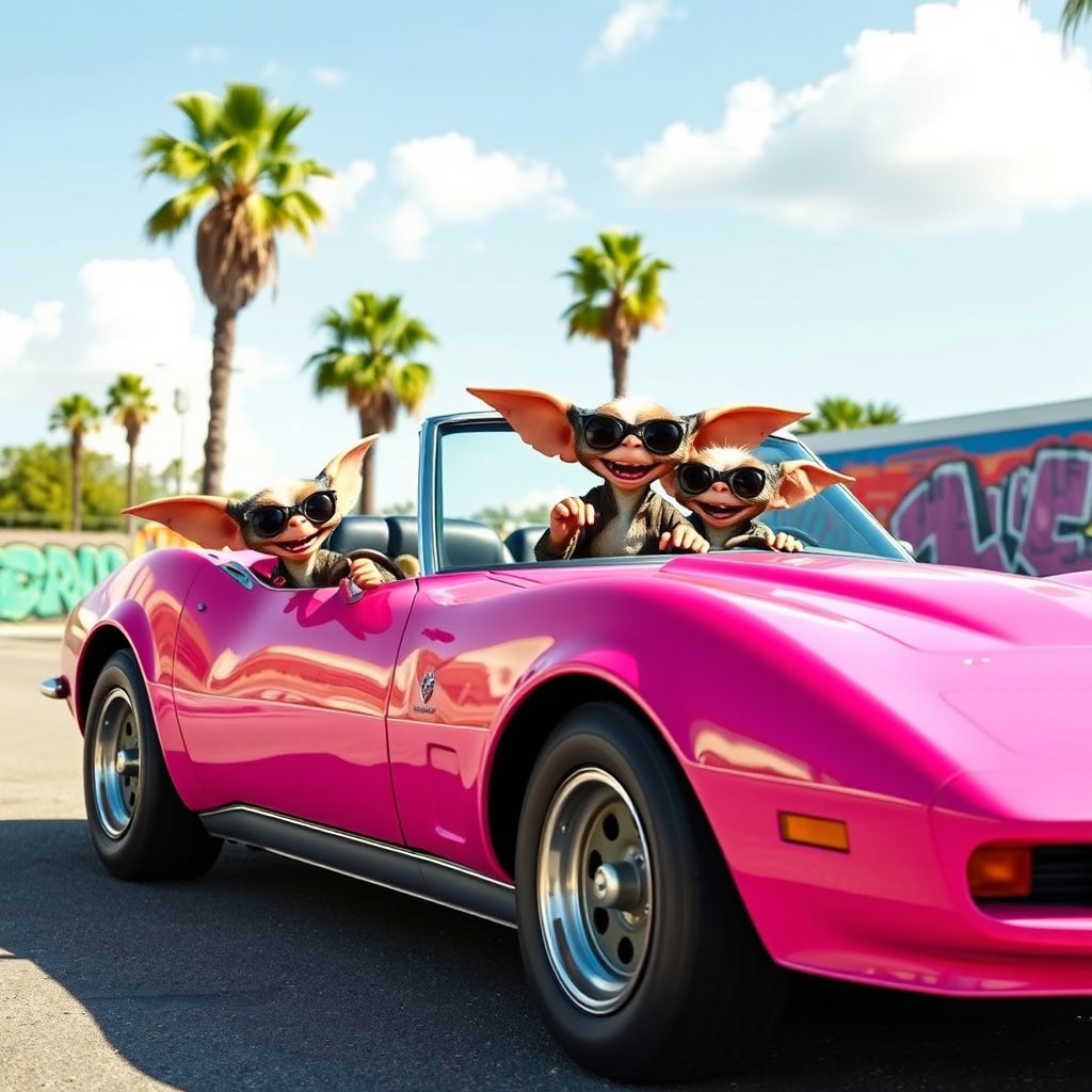A playful scene featuring Gremlins driving a bright pink Corvette C4