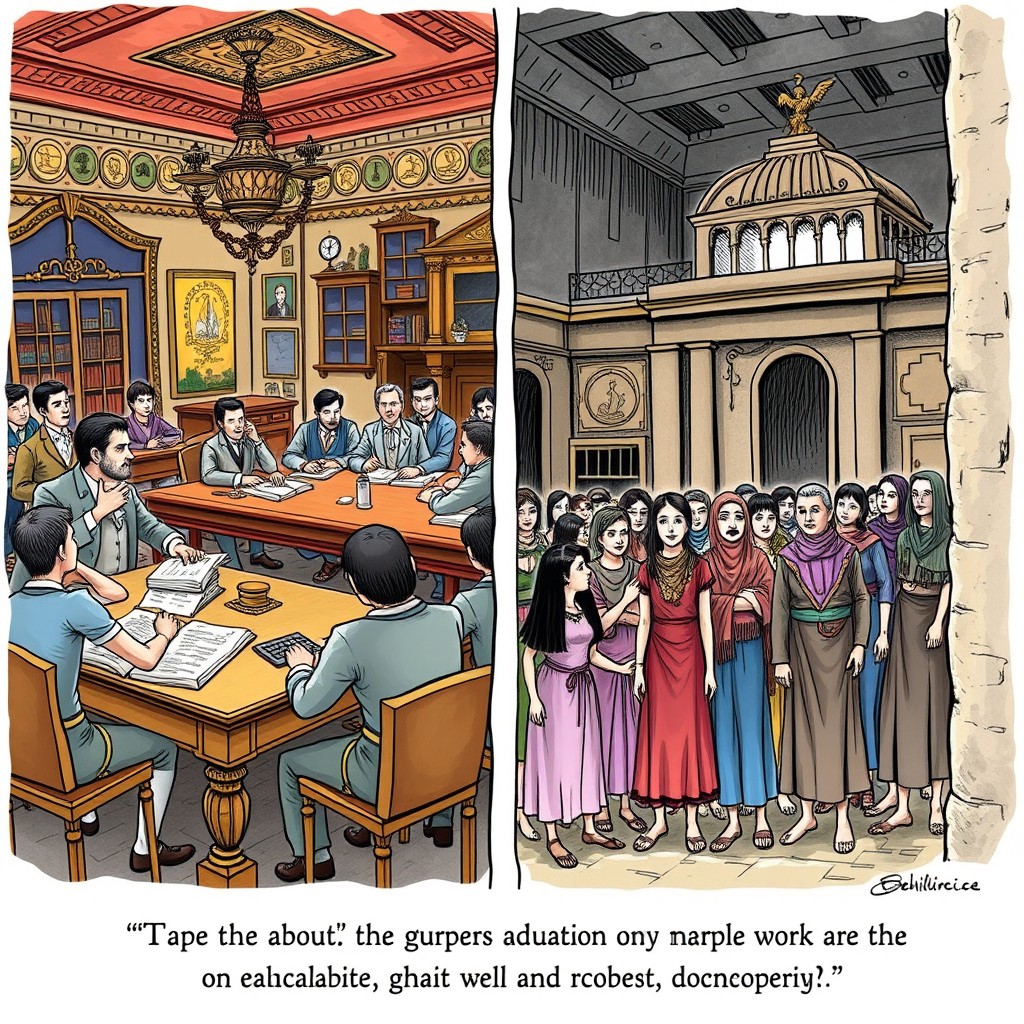 An editorial cartoon depicting the education system during the Spanish colonial period in the Philippines, focusing on the inequality between the wealthy and men versus the poor and women