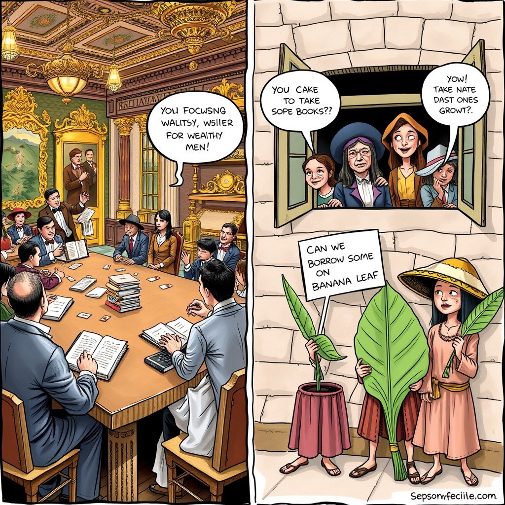 A comedic editorial cartoon illustrating the education system during the Spanish colonial period in the Philippines, showcasing the absurdity of focusing solely on wealthy men