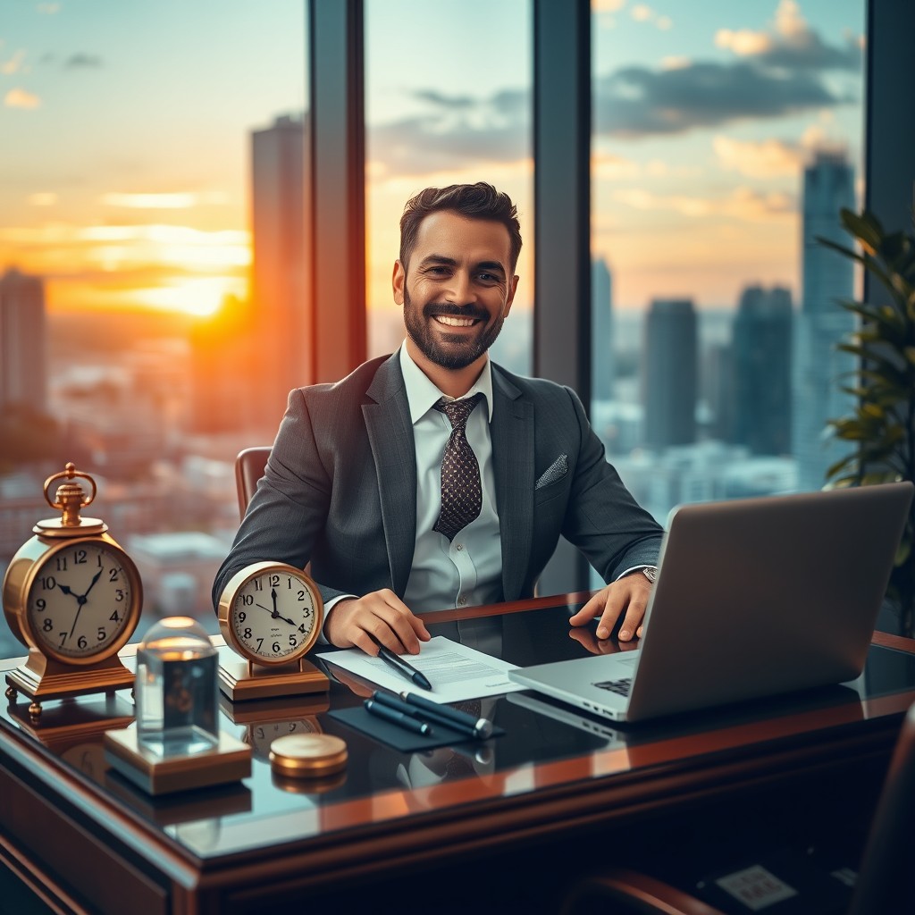 A thriving, wealthy entrepreneur sitting at an elegant desk filled with luxurious items, including a vintage clock, premium pens, and a sleek laptop