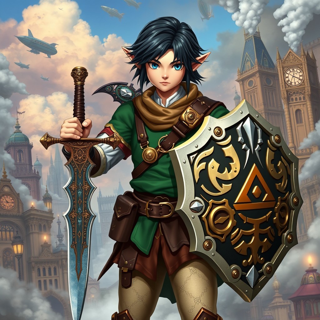 A full-body view of Link from The Legend of Zelda in a steampunk style, featuring dark hair and dressed in intricate mechanical armor with brass and copper accents