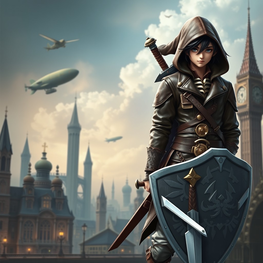 A full body view of a character resembling Link from Zelda, wearing a stylish leather jacket, holding a sword and shield