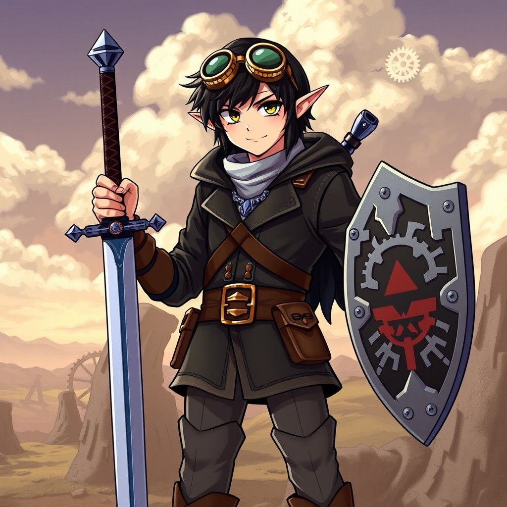 A character inspired by Link from Zelda, dressed in a leather jacket and boots, exuding a fierce yet adventurous presence