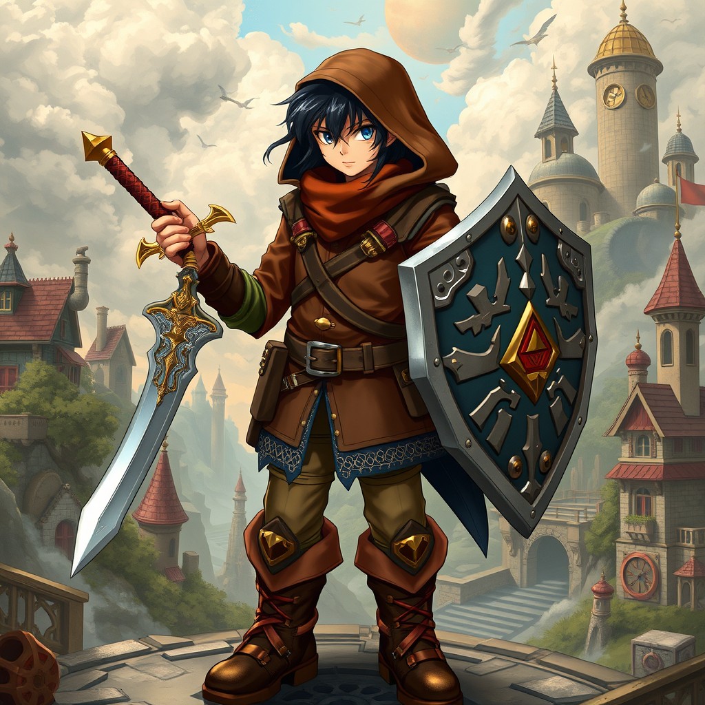 A character reminiscent of Link from Zelda, dressed in a rugged leather jacket and sturdy boots, embodying a steampunk aesthetic
