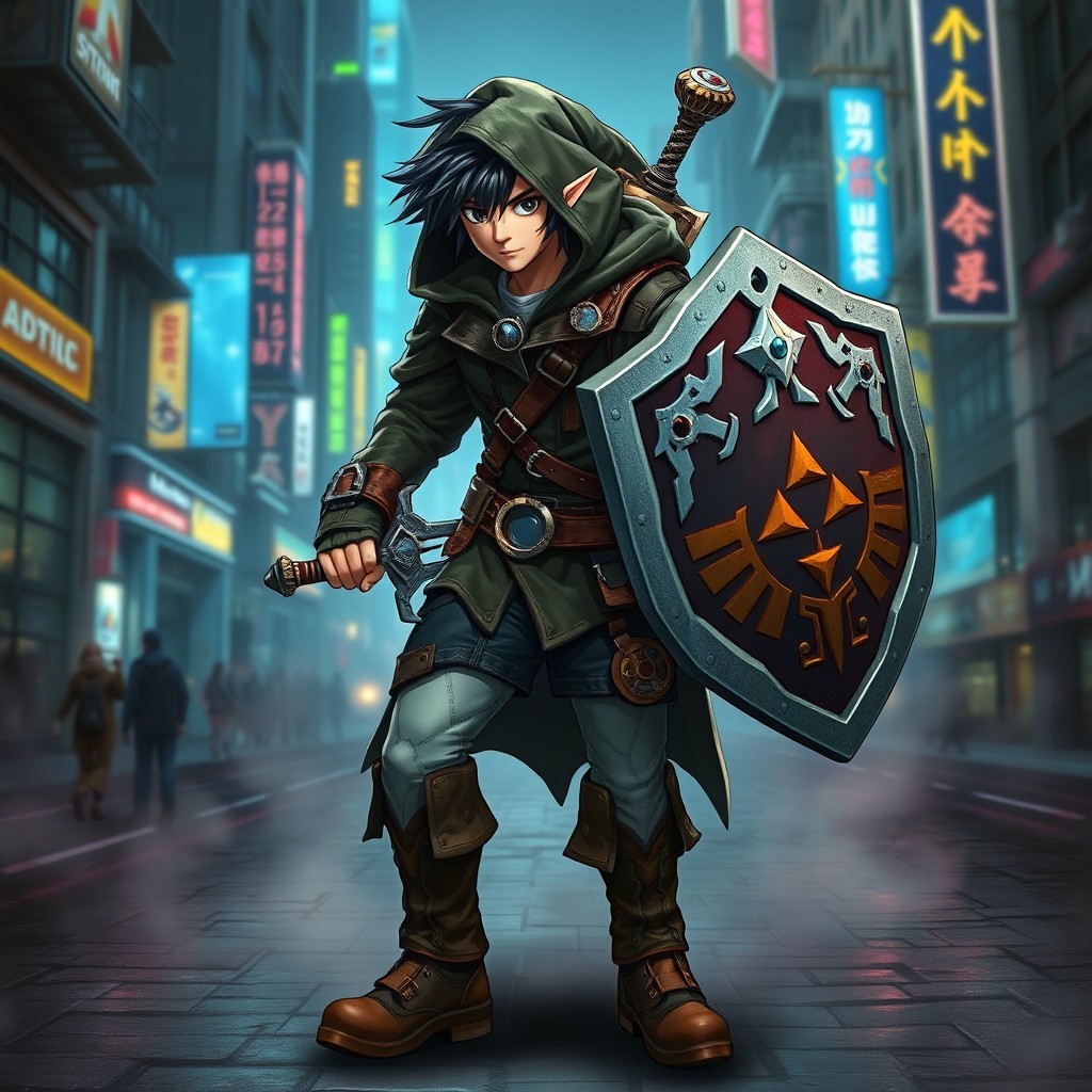 A character resembling Link from Zelda, dressed in a stylish leather jacket and rugged boots, embodying a steampunk aesthetic