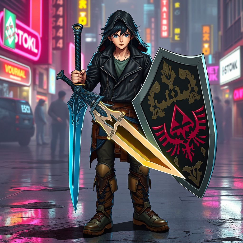 A character inspired by Link from Zelda, portrayed in a fashionable leather jacket and rugged boots