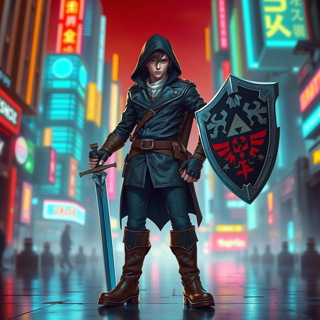 A character inspired by Link from Zelda, dressed in a sleek leather jacket and sturdy boots