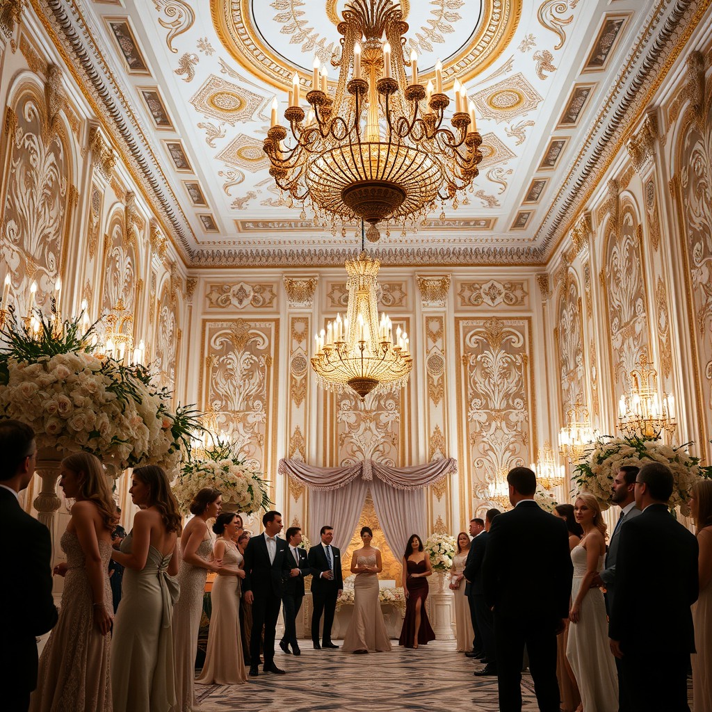 A stunning display of timeless elegance in a European setting, showcasing a beautifully decorated grand ballroom adorned with chandeliers, intricate patterns on the walls, and lavish floral arrangements