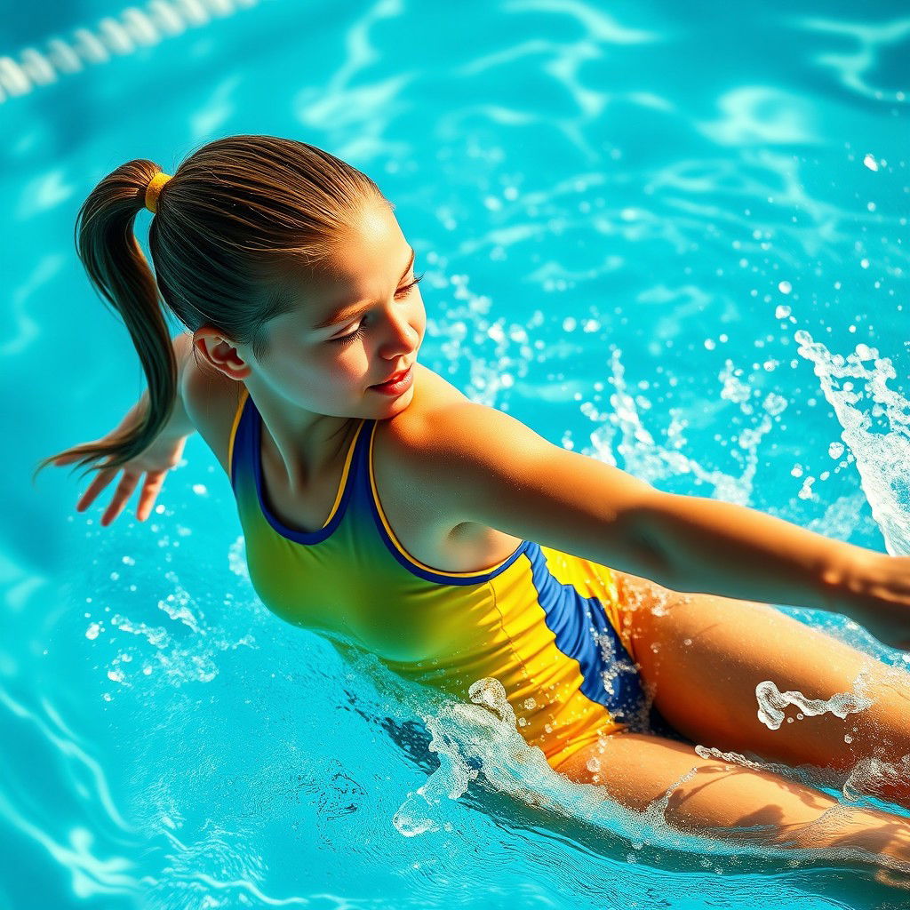 A dynamic and energetic scene featuring a young athlete in a water polo suit, gracefully swimming in a pool