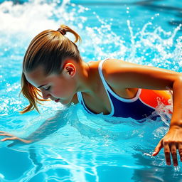 A dynamic and energetic scene featuring a young athlete in a water polo suit, gracefully swimming in a pool