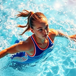 A dynamic and energetic scene featuring a young athlete in a water polo suit, gracefully swimming in a pool