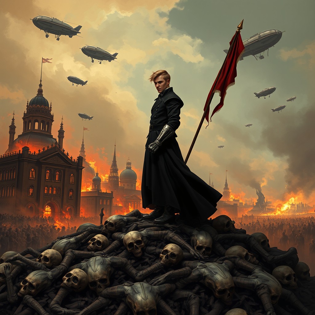 A Victorian style cover illustration featuring a dramatic backdrop of a burning city with steam-powered airships flying in the sky