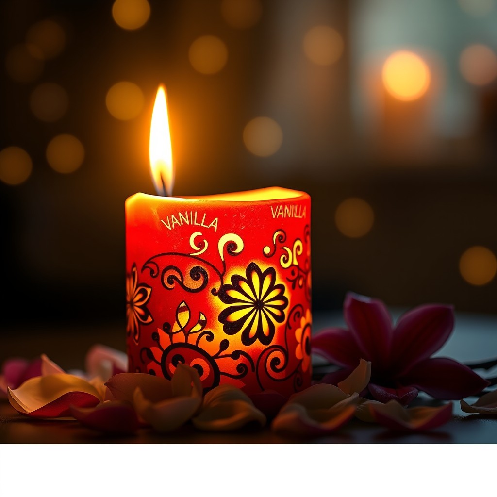 An imaginative and enticing depiction of a candle, softly lit and glowing warmly in a dimly lit room