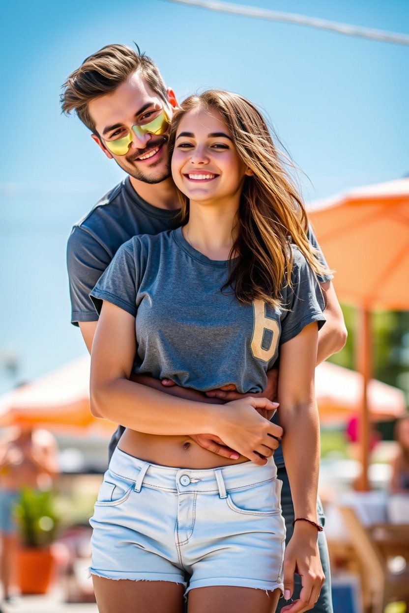 A beautiful young woman, around 20 years old, wearing short shorts and a t-shirt, standing in front of a handsome man, approximately 26 years old