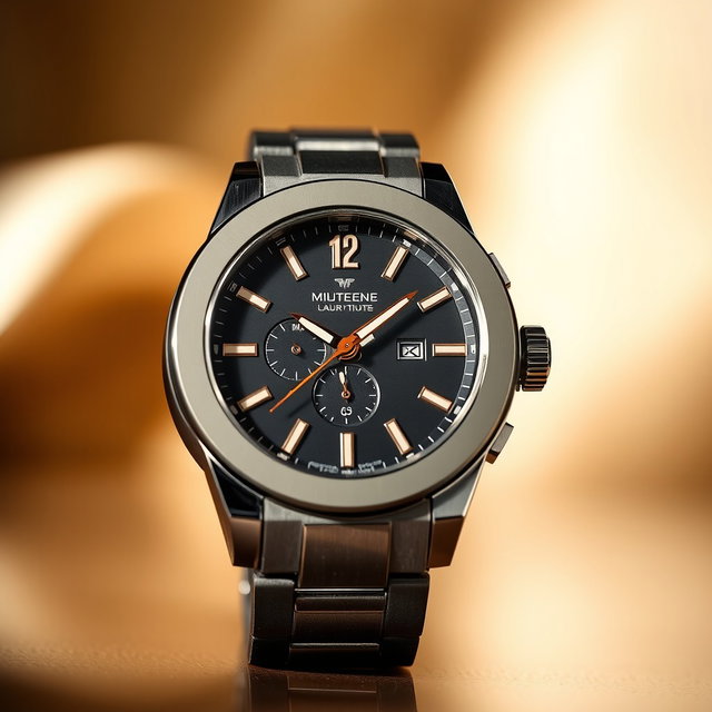 A luxury watch displayed prominently against a softly blurred background