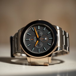 A luxury watch displayed prominently against a softly blurred background