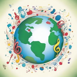 A cheerful cartoon drawing of the Earth happily floating in space, surrounded by a cascade of diverse music notes. This symbolic image represents harmony and unity in music across the globe.