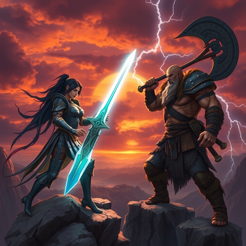An epic showdown between two powerful warriors: Hamma, a fierce female fighter wielding a glowing sword, and Mordecai, a muscular male warrior with a massive axe