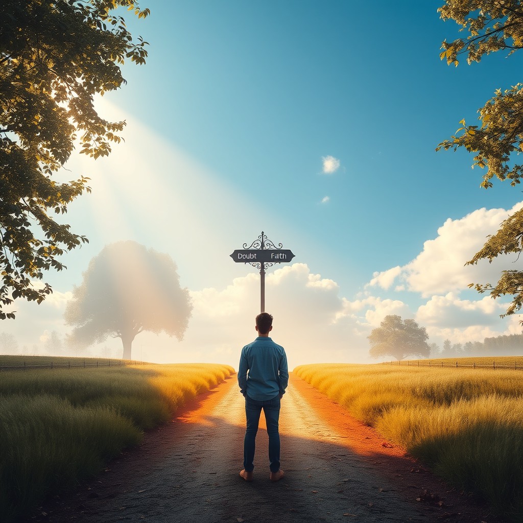 A thoughtful and philosophical image depicting the concept of 'the benefit of faith' over 'the benefit of the doubt'