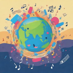 A cheerful cartoon drawing of the Earth happily floating in space, surrounded by a cascade of diverse music notes. This symbolic image represents harmony and unity in music across the globe.