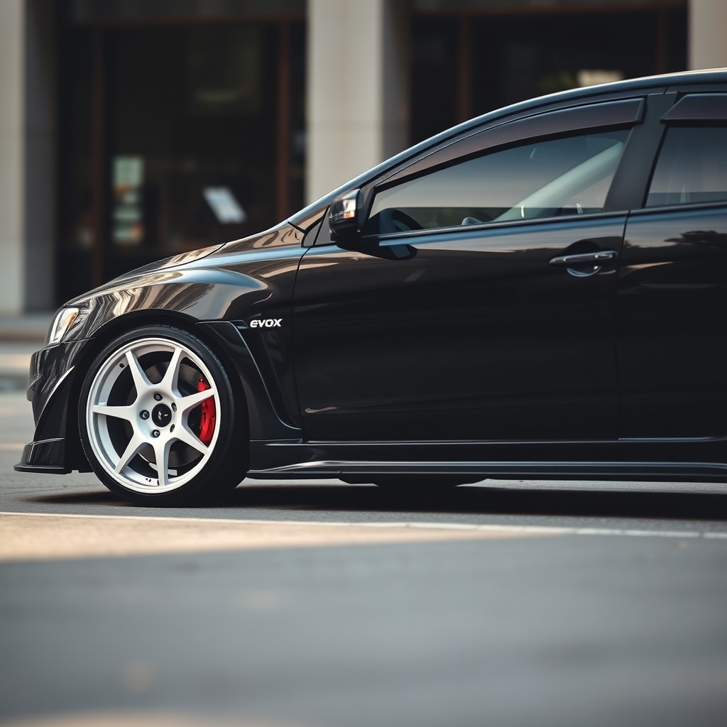 A black Lancer Evo X parked in an urban environment, showcasing its sleek and aggressive design