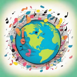 A cheerful cartoon drawing of the Earth happily floating in space, surrounded by a cascade of diverse music notes. This symbolic image represents harmony and unity in music across the globe.