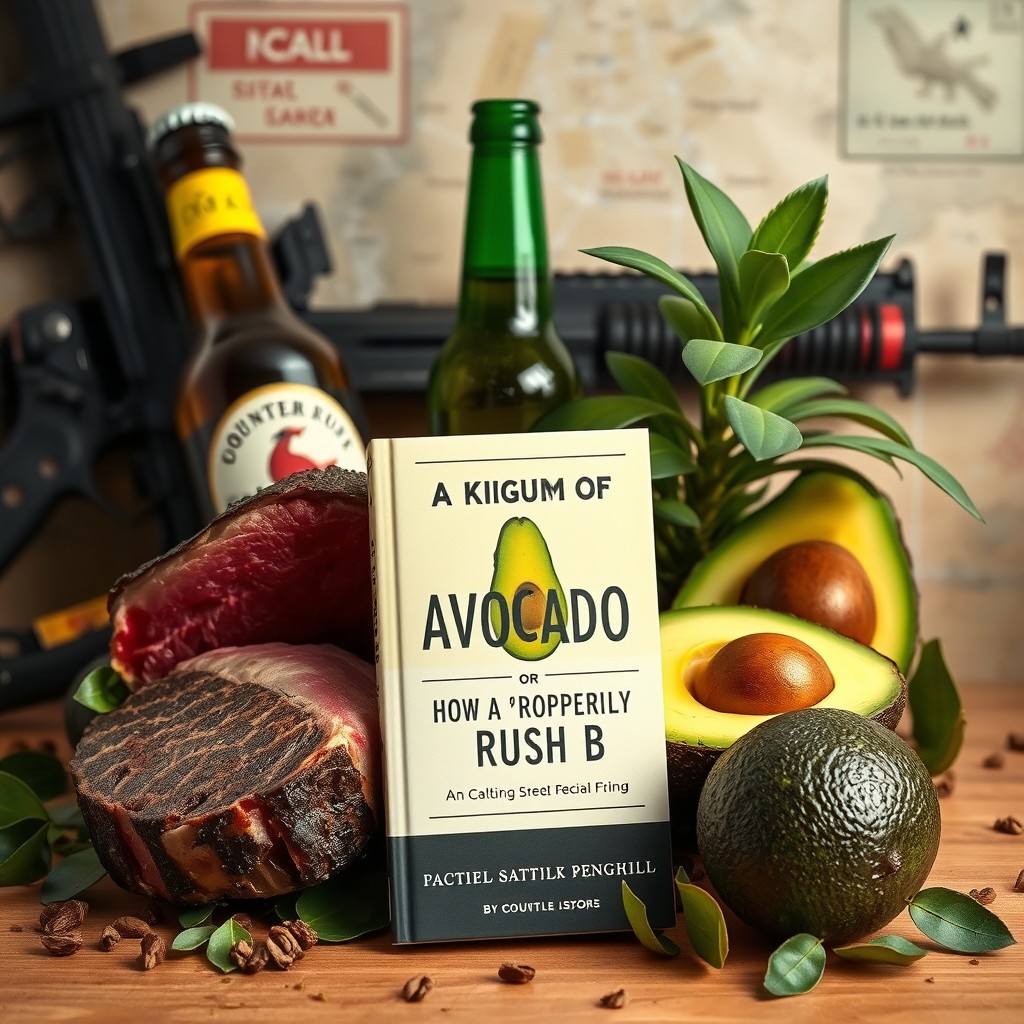 A playful scene featuring a bottle of Grouse beer, a juicy piece of meat, a perfectly sliced avocado, and a vibrant B plant, all arranged in a humorous, chaotic manner reminiscent of a Counter-Strike gaming environment