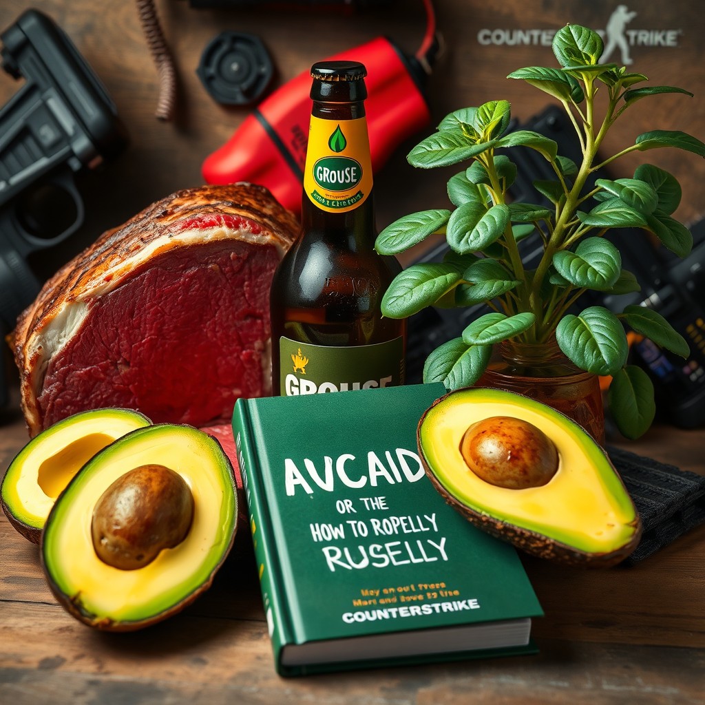 A humorous scene featuring a bottle of Grouse beer, a juicy piece of meat, a perfectly sliced avocado, and a vibrant B plant, all creatively arranged to evoke the aesthetic of a Counter-Strike gaming environment