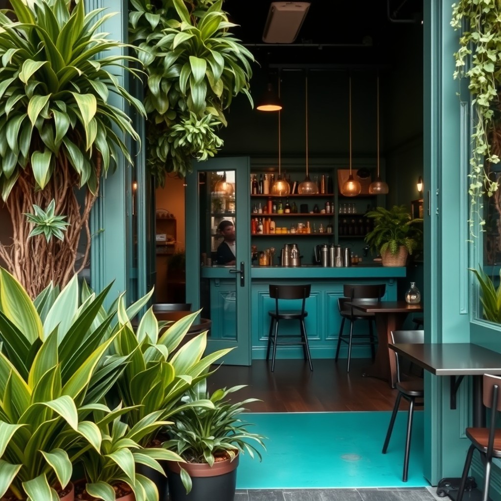 A cozy café featuring a lush entrance filled with sansevieria plants, creating a vibrant, verdant atmosphere