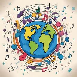 A cheerful cartoon drawing of the Earth happily floating in space, surrounded by a cascade of diverse music notes. This symbolic image represents harmony and unity in music across the globe.