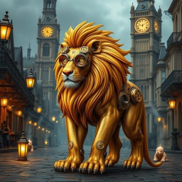 A majestic steampunk lion, intricately designed with gears and clockwork elements integrated into its muscular body