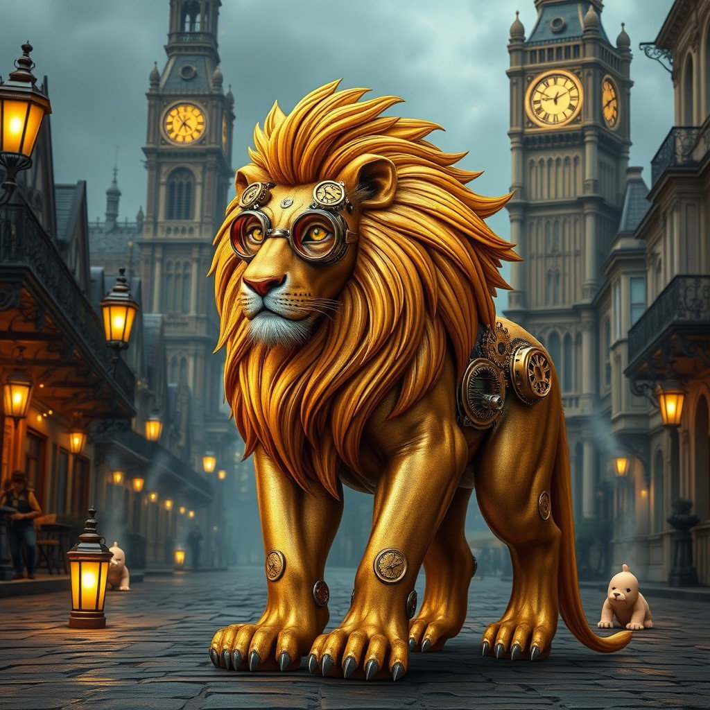 A majestic steampunk lion, intricately designed with gears and clockwork elements integrated into its muscular body