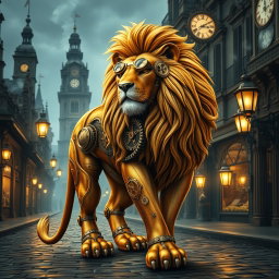 A majestic steampunk lion, intricately designed with gears and clockwork elements integrated into its muscular body