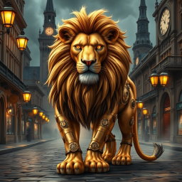 A majestic steampunk lion, intricately designed with gears and clockwork elements integrated into its muscular body