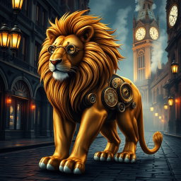 A majestic steampunk lion, intricately designed with gears and clockwork elements integrated into its muscular body
