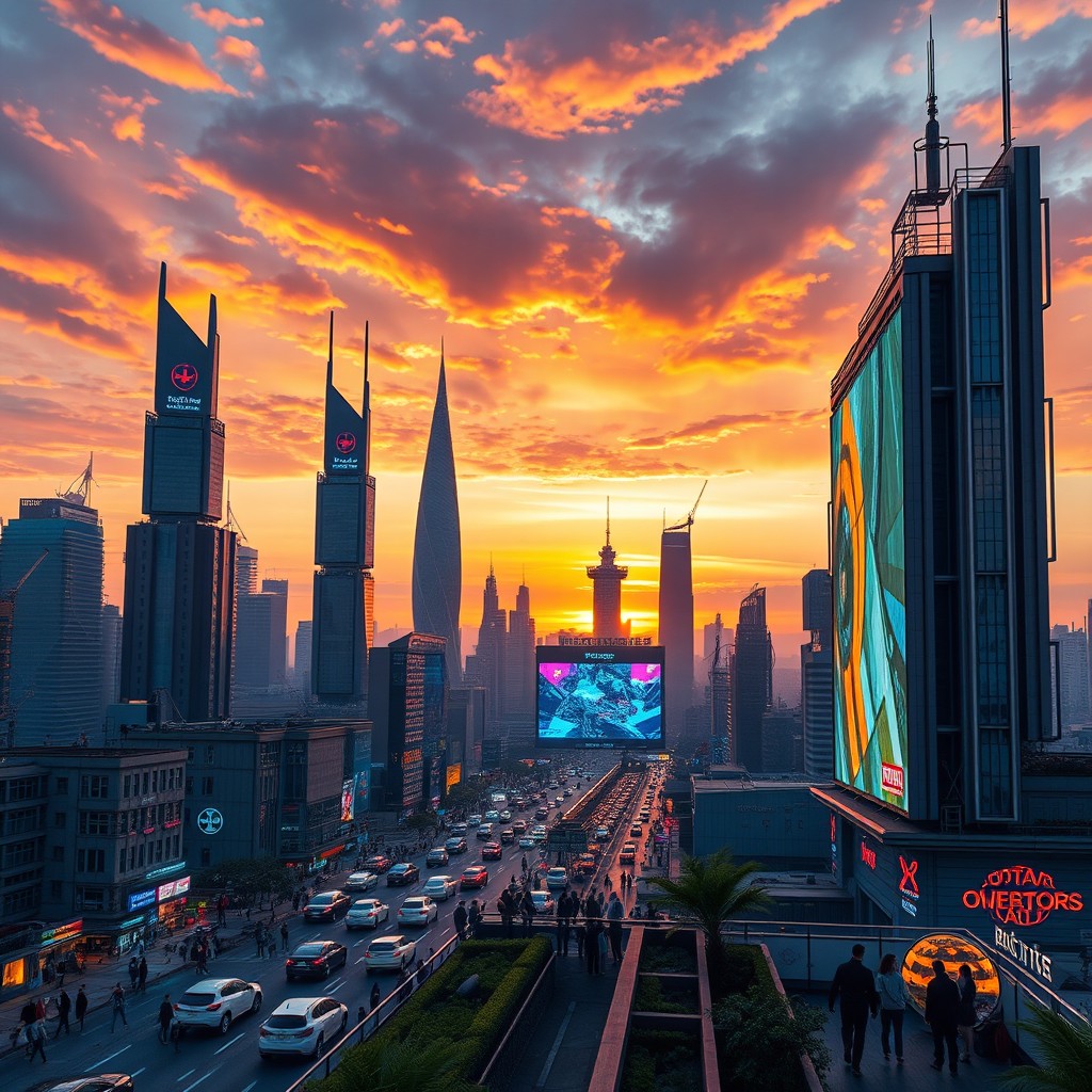 A futuristic city skyline at sunset, showcasing various towering skyscrapers with vibrant neon lights, busy streets filled with flying cars, and people in stylish cyberpunk attire mingling on rooftop gardens