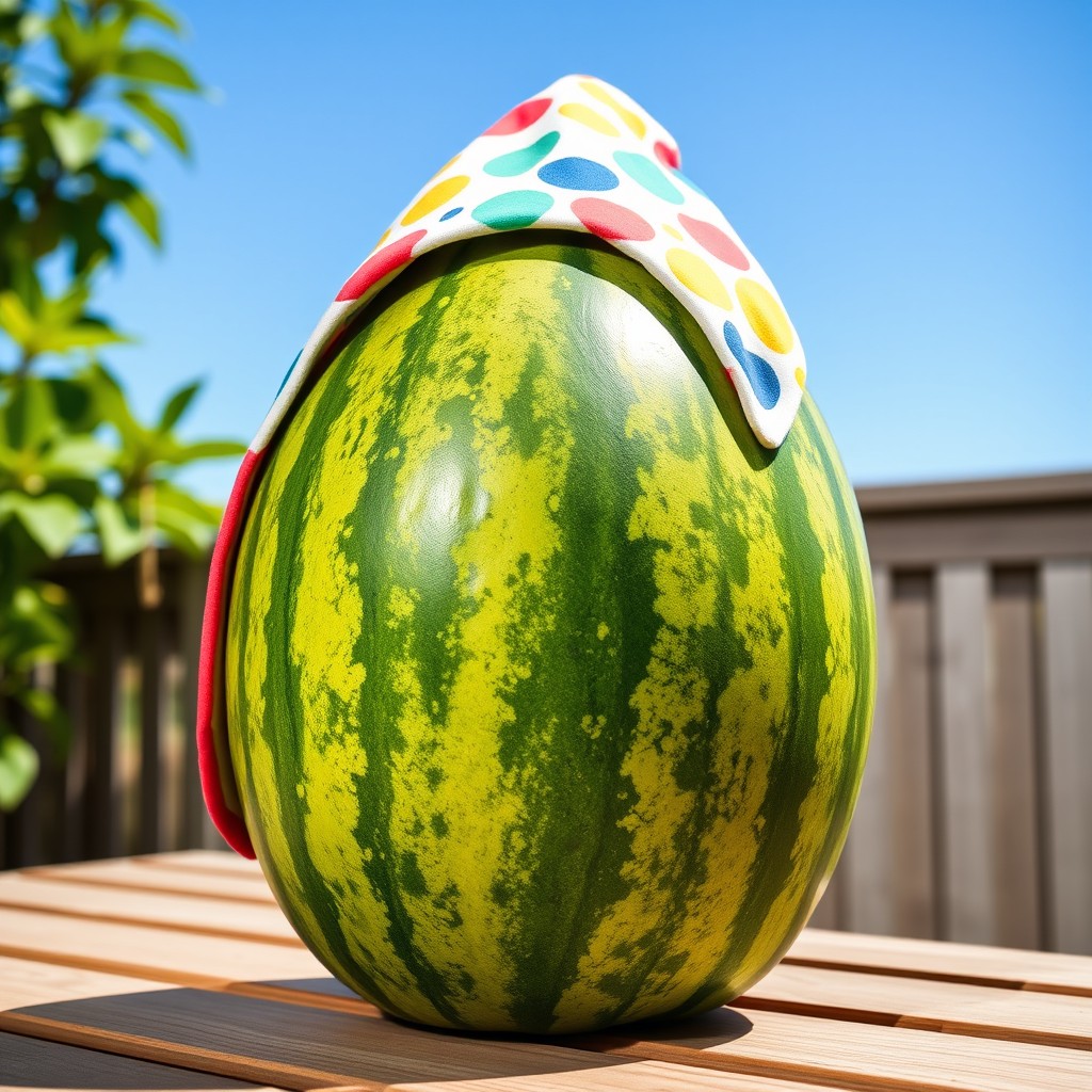 A big, vibrant watermelon wearing a colorful hoodie, placed on a wooden table outdoors