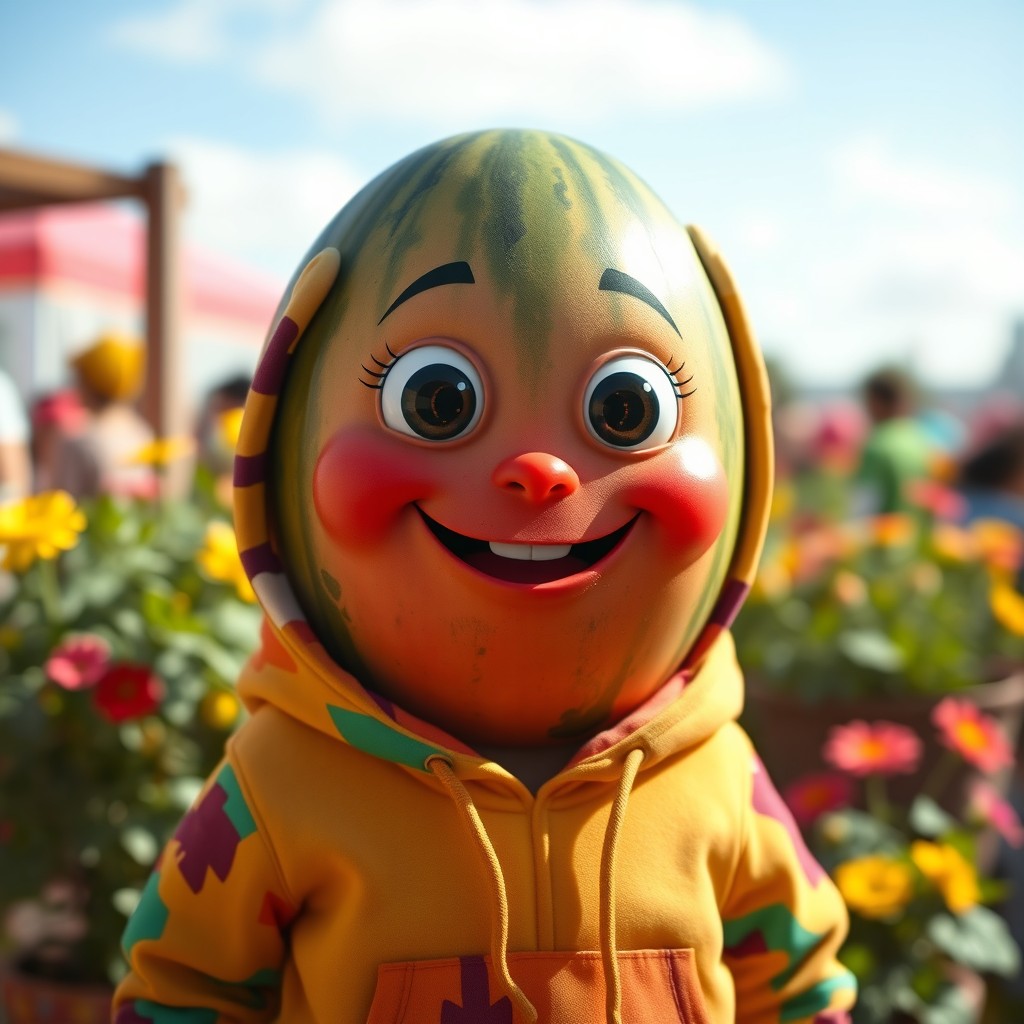 A playful anthropomorphic watermelon wearing a stylish hoodie