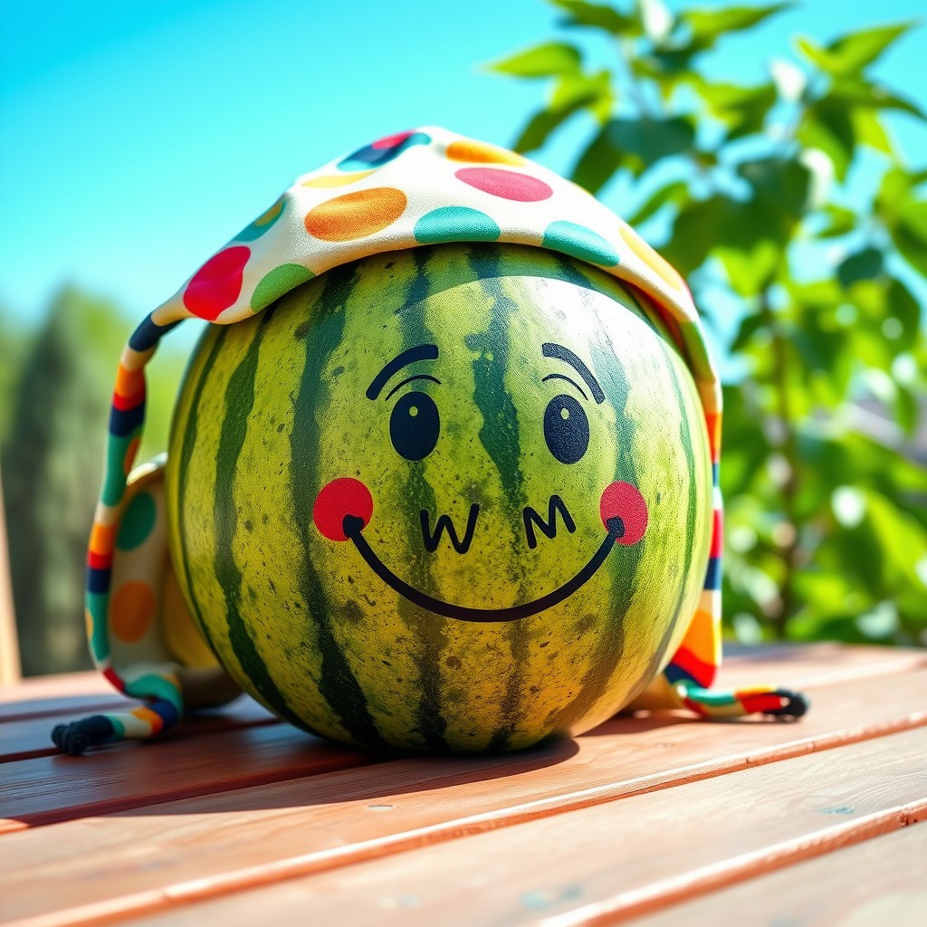 A big, vibrant watermelon wearing a colorful hoodie, placed on a wooden table outdoors
