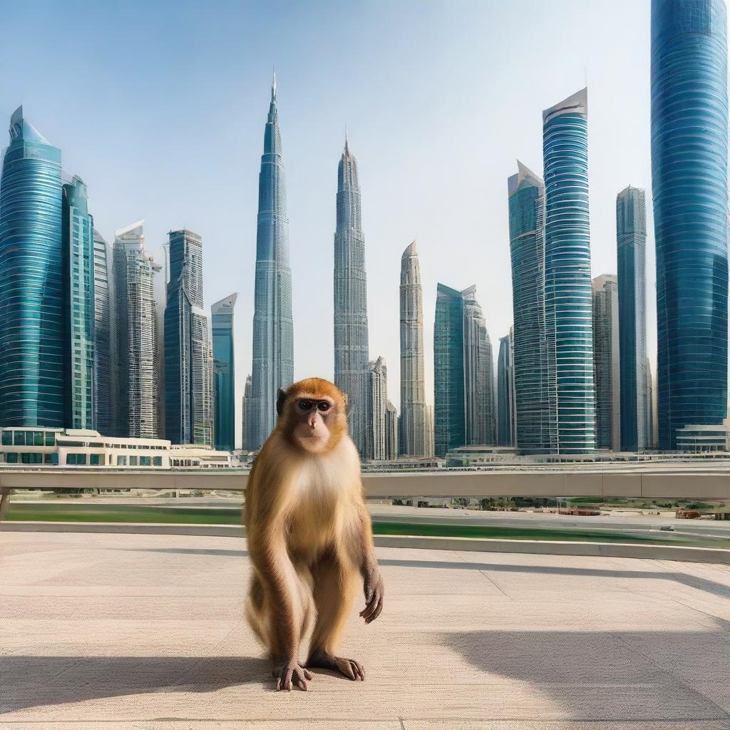 A mischievous monkey making its way through the ultra-modern cityscape of Dubai, the contrasting skyscrapers forming an impressive backdrop.