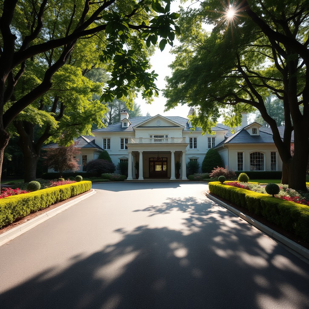 An elegant private estate featuring a beautifully designed porte cochere, surrounded by a lush border of trees