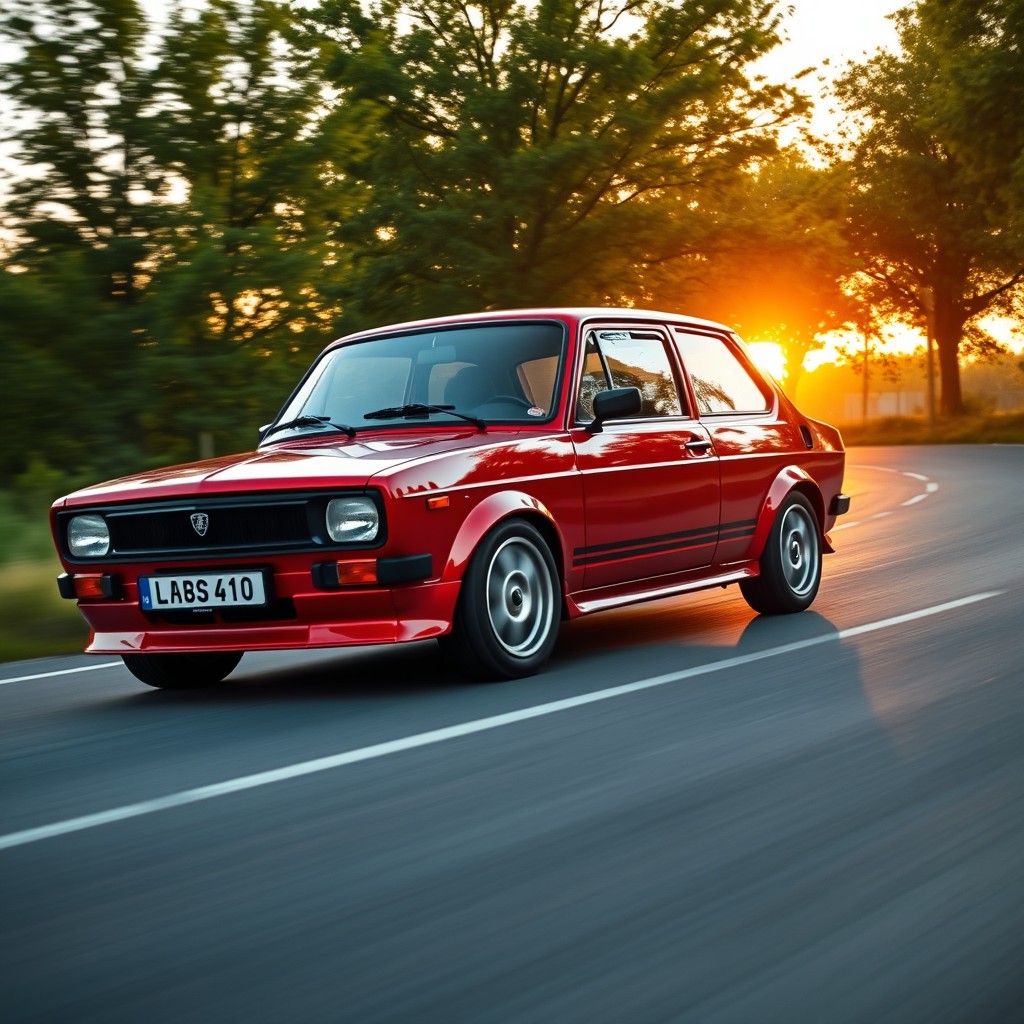 A sleek Lada VAZ 2110 Sport, showcasing its sporty design, in a dynamic pose on a winding road