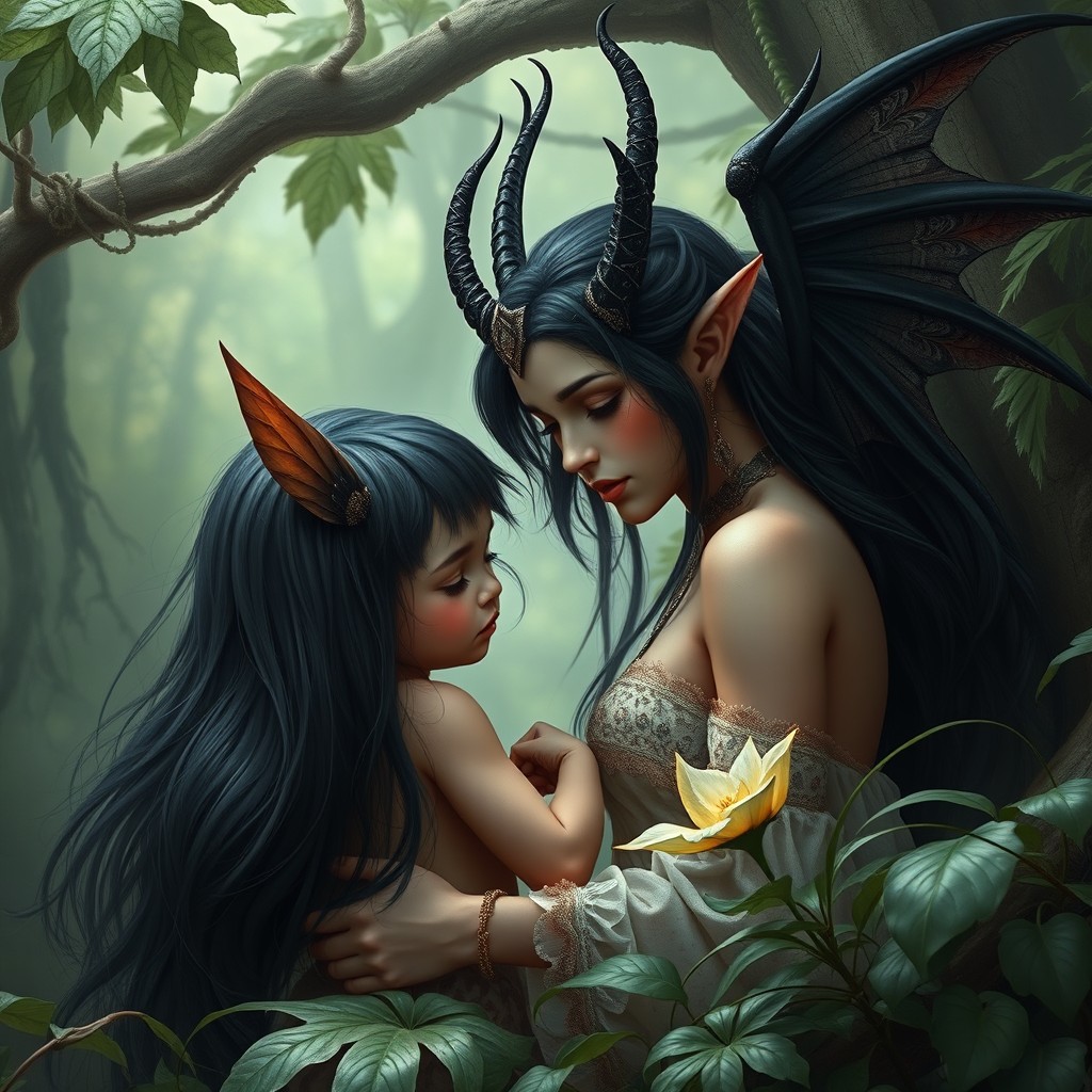 Sebuah gambar yang menggambarkan Lilith, sosok yang kuat dan menawan, sedang menggendong seorang bayi dengan rambut hitam lebat